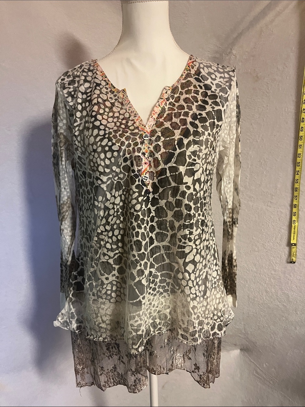 Sheer Animal-Print V-Neck Layered Tunic Top in Neutral Tones